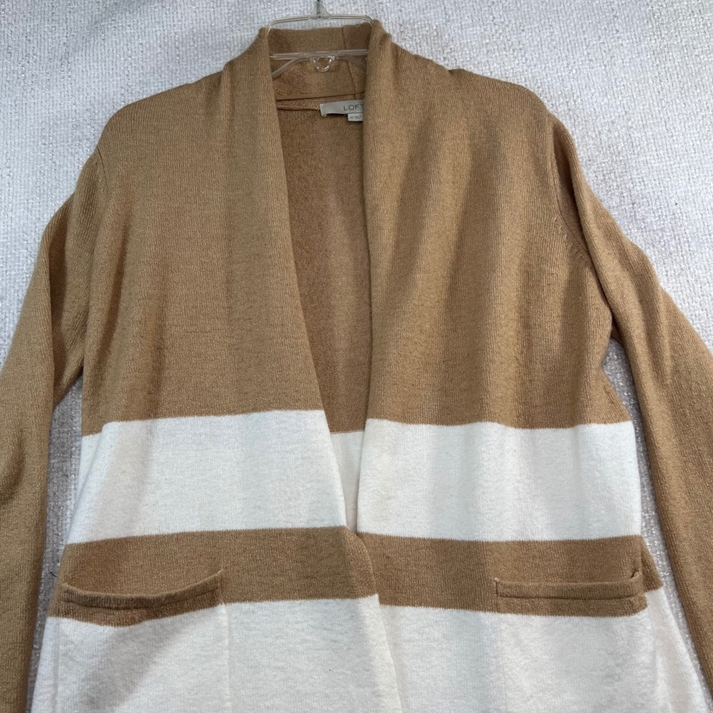 LOFT Womens Striped Open Front Cardigan Sweater Brown White Pocket Wool Blend XS - Picture 2 of 10